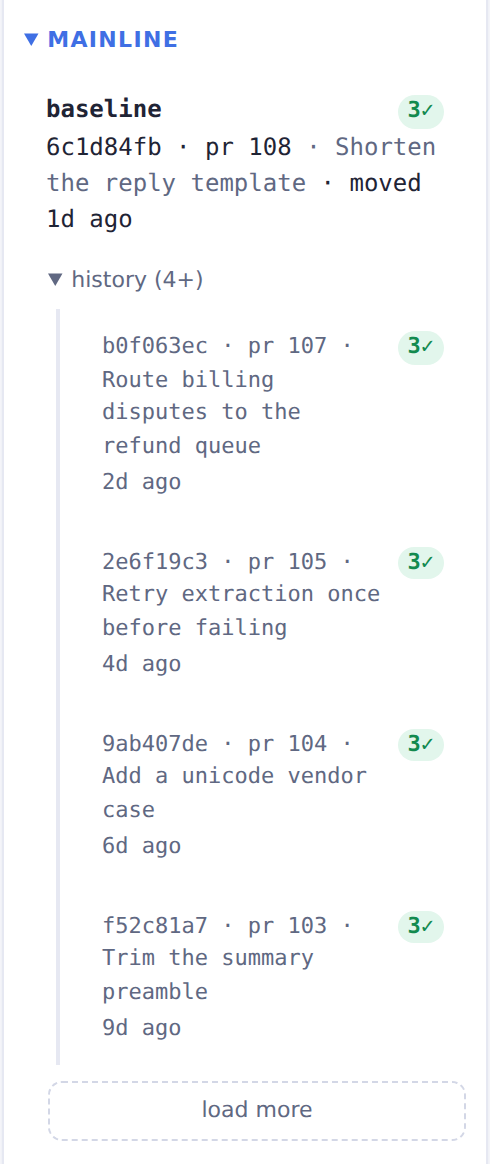 The dashboard's baseline history, showing the baseline reflog as a commit-annotated timeline of promoted runs